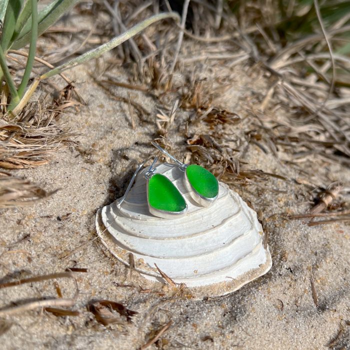 Green sea glass earrings set in silver by Mornington Sea Glass