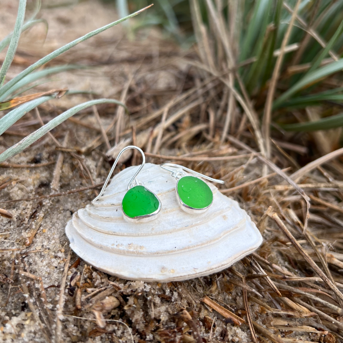 Green sea glass set in silver earrings by Mornington Sea Glass