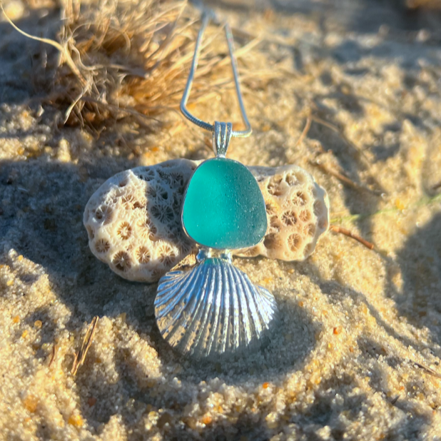 Sterling silver necklace of cast silver shell and ocean teal sea glass. Hangs on a 40 or 45cm sterling silver chain. By Mornington Sea Glass.
