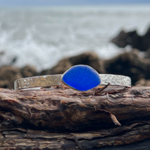 Cobalt blue sea glass hammered cuff by Mornington Sea Glass