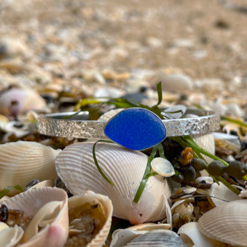 Cobalt blue sea glass hammered cuff by Mornington Sea Glass