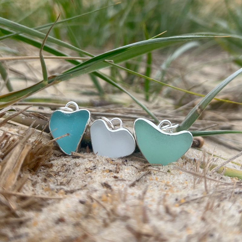 Naturally shaped sea glass hearts set in silver pendant by Mornington Sea Glass. Comes with a 40 or 45cm sterling silver chain.