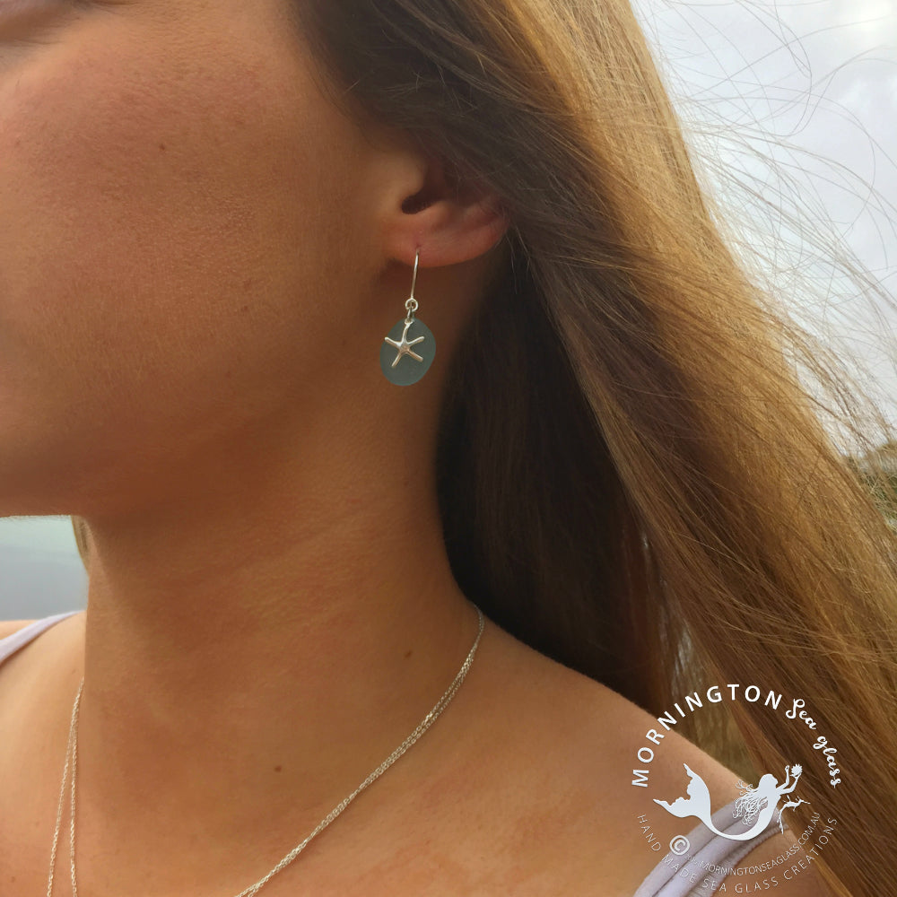 Model wearing sea glass and silver sea star earrings by Mornington Sea Glass
