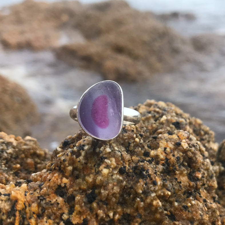 Rare purple, pink and white multi colour sea glass set in silver ring by Mornington Sea Glass
