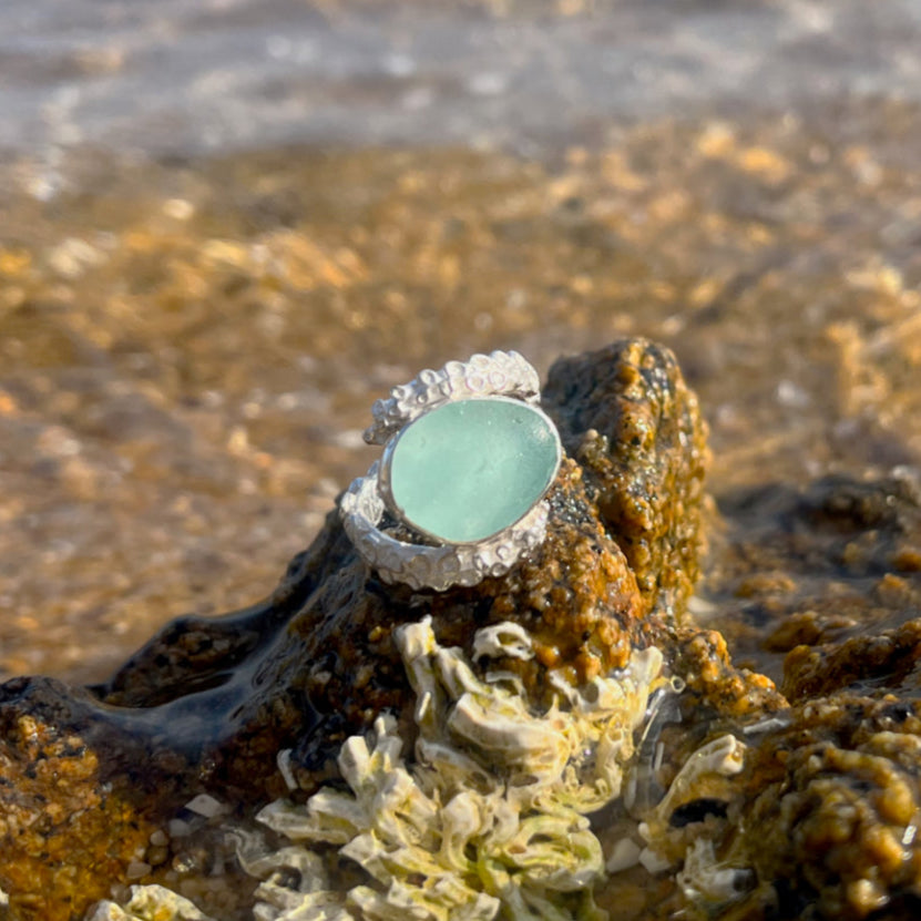 Cast silver octopus tentacle and sea glass ring by Mornington Sea Glass. Size 7 or N 1/2