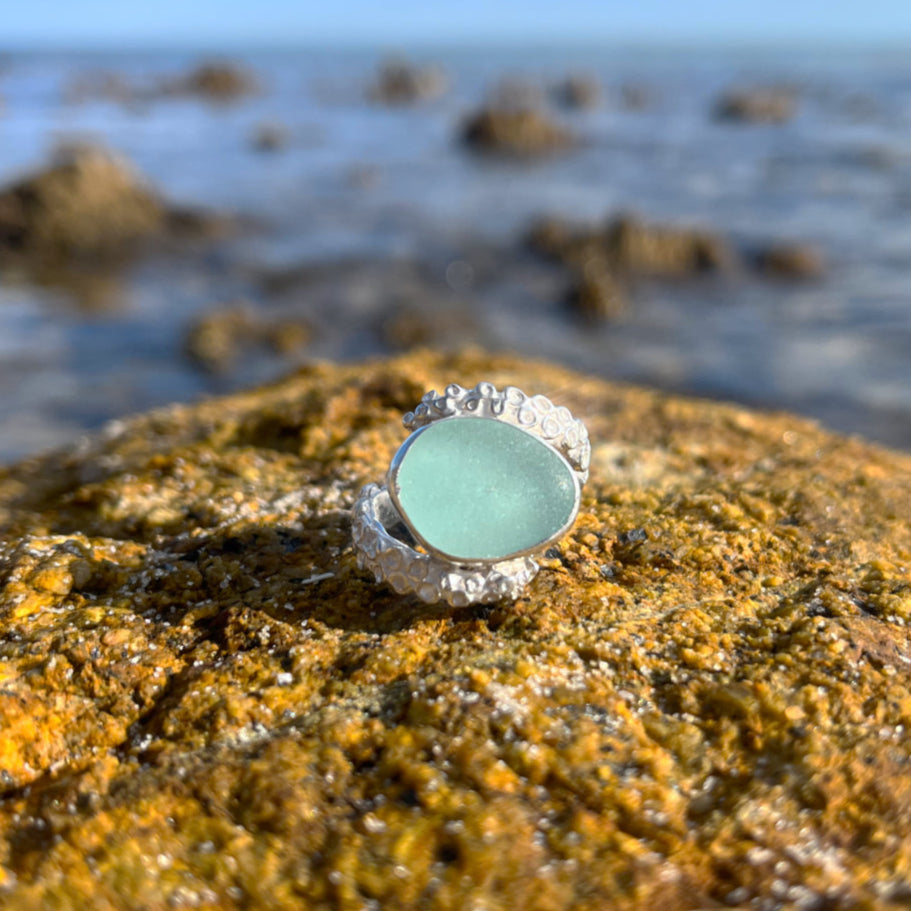 Cast silver octopus tentacle and sea glass ring by Mornington Sea Glass. Size 7 or N 1/2