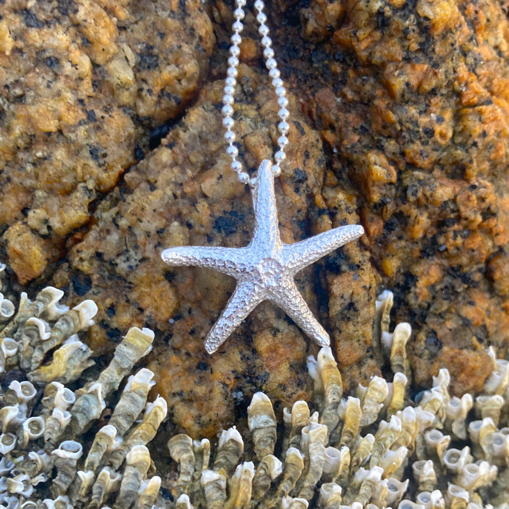 Cast silver starfish pendant on a 40 0r 45cm sterling silver chain by Mornington Sea Glass