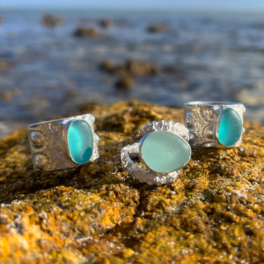 Cast silver octopus tentacle and sea glass ring by Mornington Sea Glass. Size 7 or N 1/2