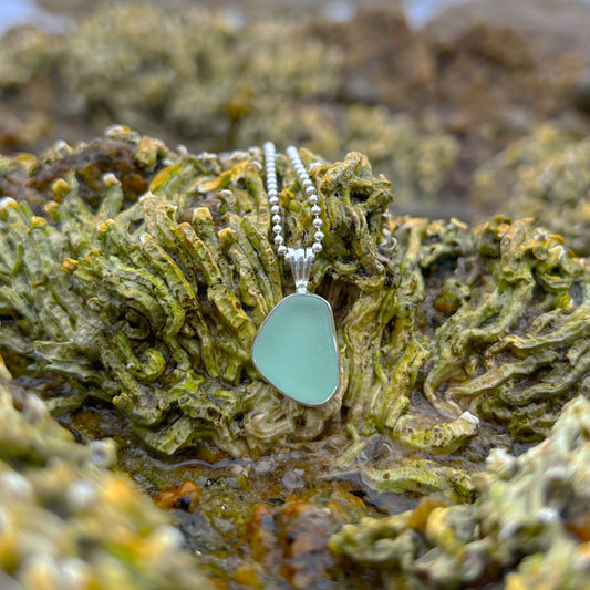 Seafoam sea glass set in silver pendant by Mornington Sea Glass. Comes with either a 40 or 45cm sterling silver snake chain.