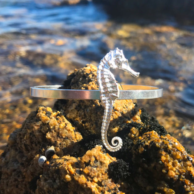 Mornington Sea Glass Argentium silver cuff featuring a cast silver seahorse approx.. 4.5cm