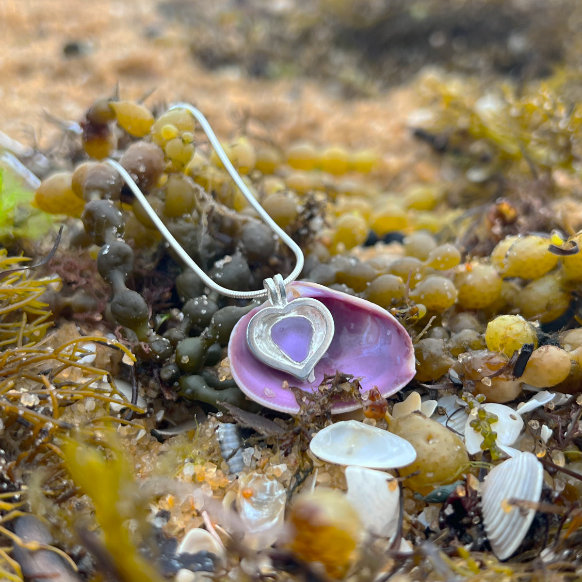 Silver purple sea glass and cast silver heart pendant by Mornington Sea Glass