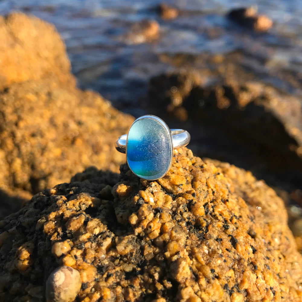 English multi colour sea glass ring in colours of blue and green by Mornington Sea Glass photographed at rock pools on the Mornington Peninsula, Victoria, Australia