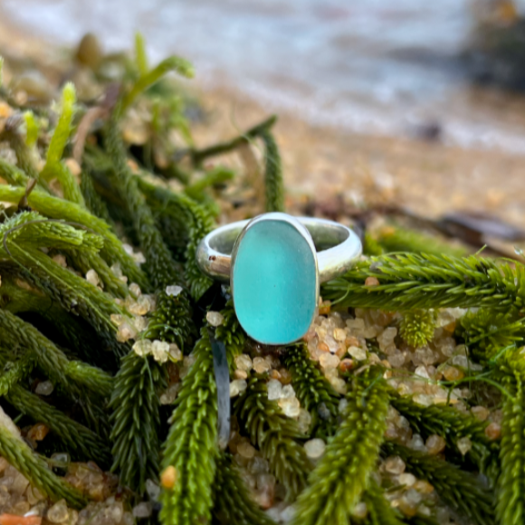 Ocean teal sea glass set in silver ring by Mornington Sea Glass. Size 7 1/4.