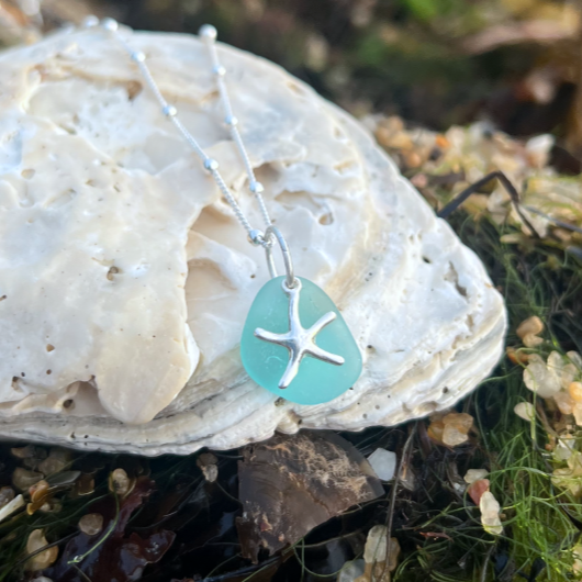 Aqua sea glass and silver sea star necklace by Mornington Sea Glass