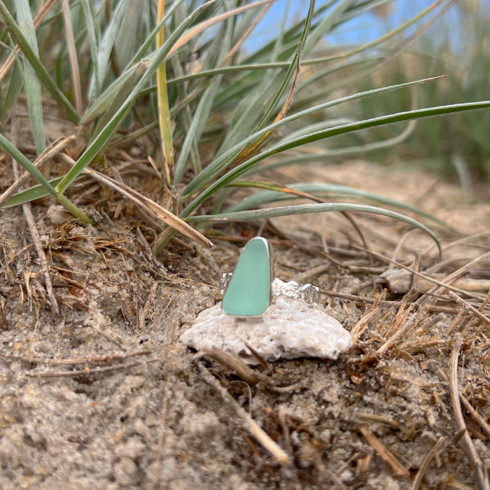 Seafoam sea glass set in silver on organic hammered ring band by Mornington Sea Glass. Size 8 1/2.