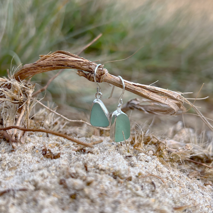 Seafoam green sea glass set in silver earrings by Mornington Sea Glass