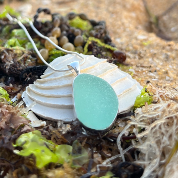 Seafoam sea glass set in silver pendant by Mornington Sea Glass. Comes with a 40 or 45cm snake chain.