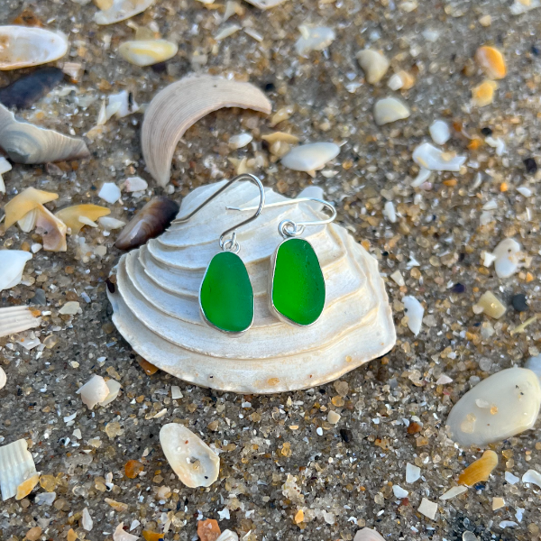 Green sea glass set in silver earrings by Mornington Sea Glass