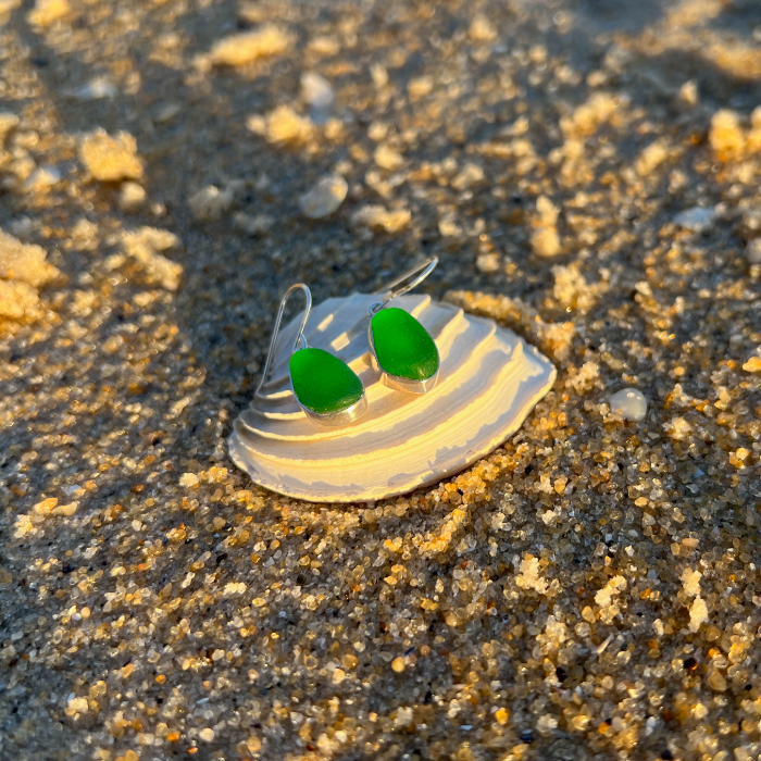 Green sea glass set in silver earrings by Mornington Sea Glass