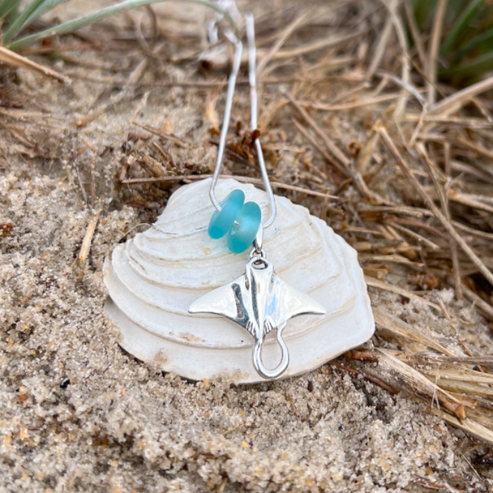 Ocean teal sea glass and sterling silver stingray charm on a 40 or 45cm sterling silver snake chain by Mornington Sea Glass.