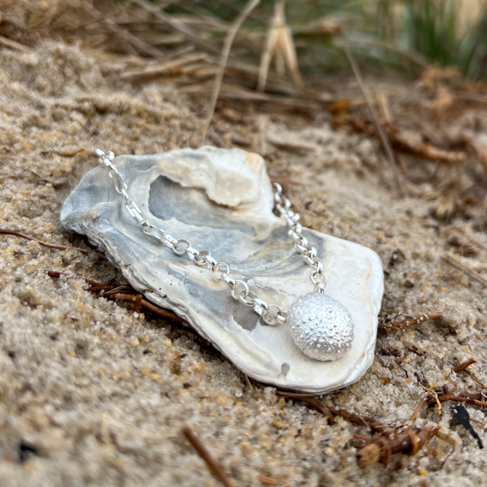 Cast urchin shell silver bracelet by Mornington Sea Glass. 19cm length with 5cm extension chain.