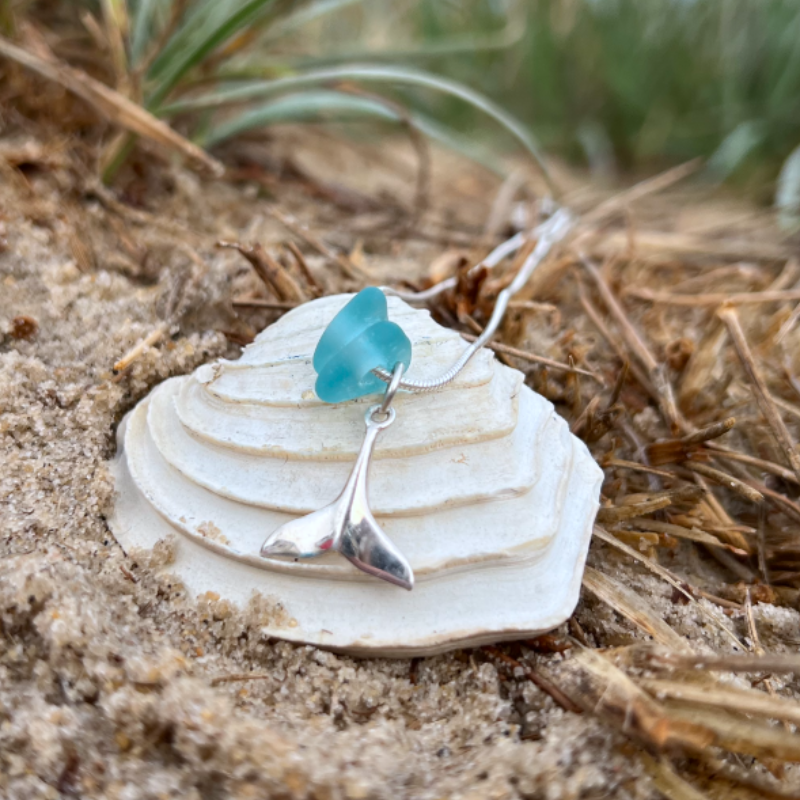 Ocean Teal sea glass and silver whale tail charm necklace by Mornington Sea Glass. Comes with a 40 or 45cm sterling silver snake chain.