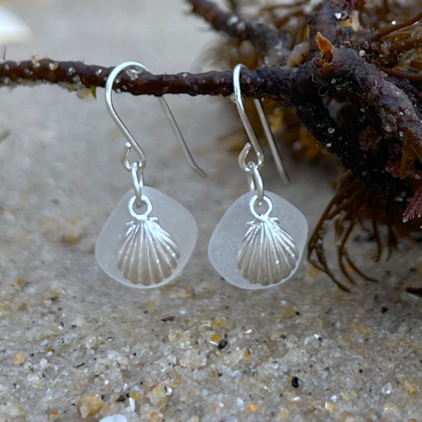 White sea glass and sterling silver shell charm earrings by Mornington Sea Glass