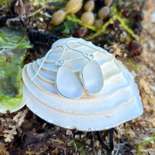 White sea glass set in silver earrings by Mornington Sea Glass