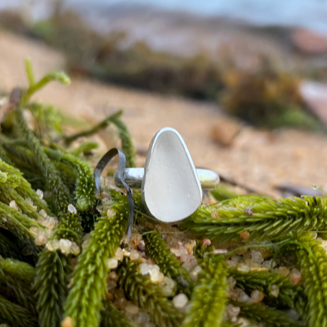 Silver and white sea glass ring in size 7 3/4 by Mornington Sea Glass