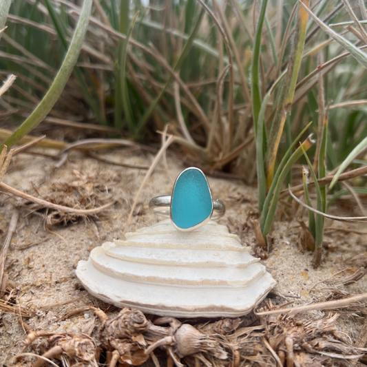 Aqua blue sea glass set in silver  ring by Mornington Sea Glass. Size 7
