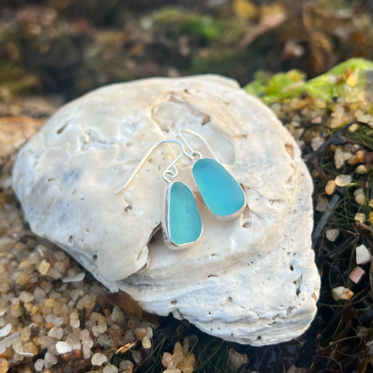 Ocean teal sea glass set in silver earrings by Mornington Sea Glass