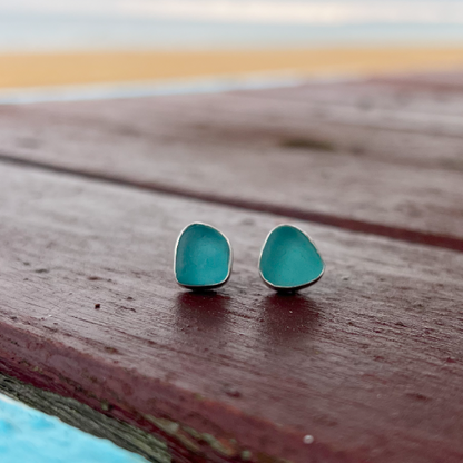 Aqua teal sea glass set in Argentium silver with sterling silver posts and butterfly backs by Mornington Sea Glass