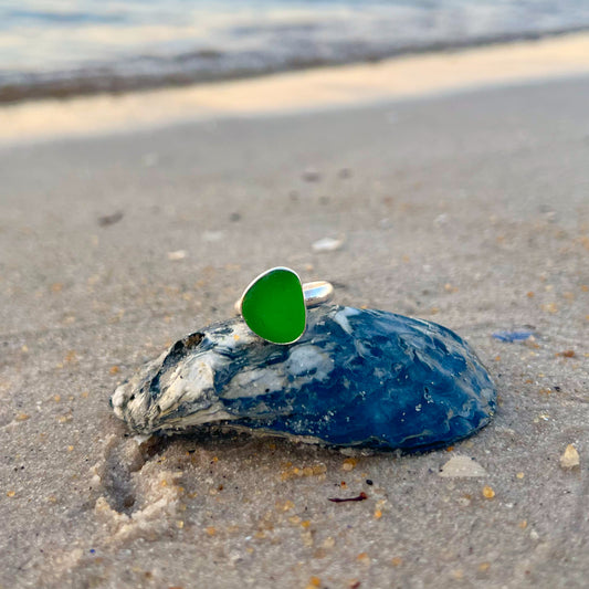Silver and green sea glass ring in size 8 1/4 by Mornington Sea Glass