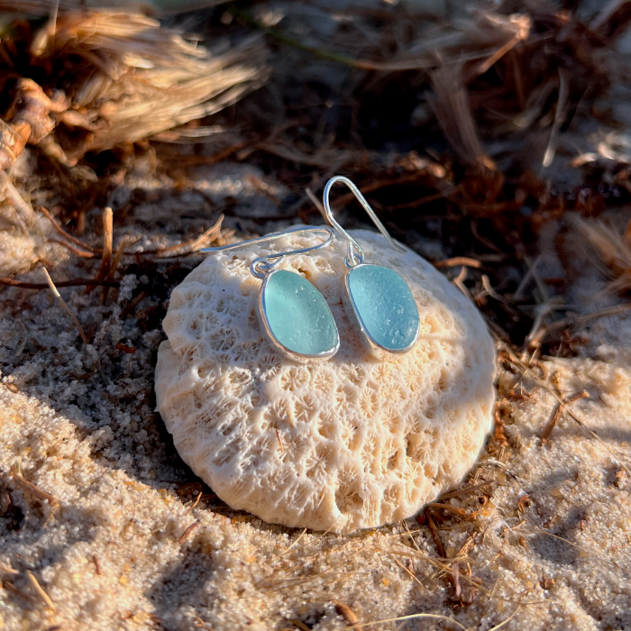 Pale blue hue sea glass set in silver earrings by Mornington Sea Glass