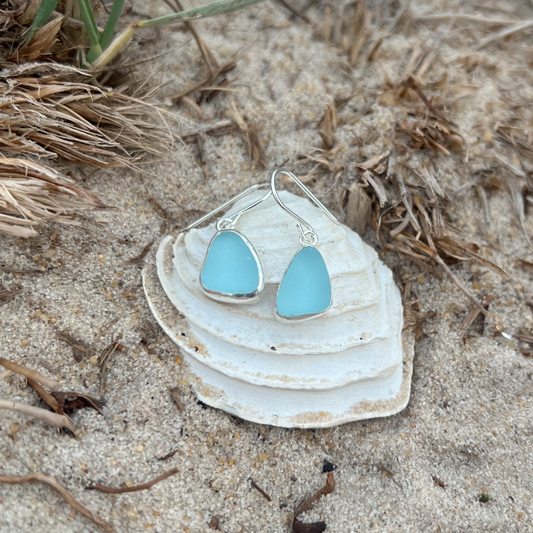 Soft blue sea glass set in silver earrings by Mornington Sea Glass