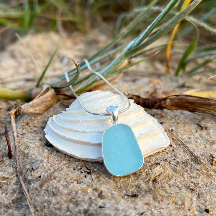 Blue sea glass set in Argentium silver pendant  by Mornington Sea Glass. Hangs on a 40 or 45cm 1mm sterling silver snake chain.