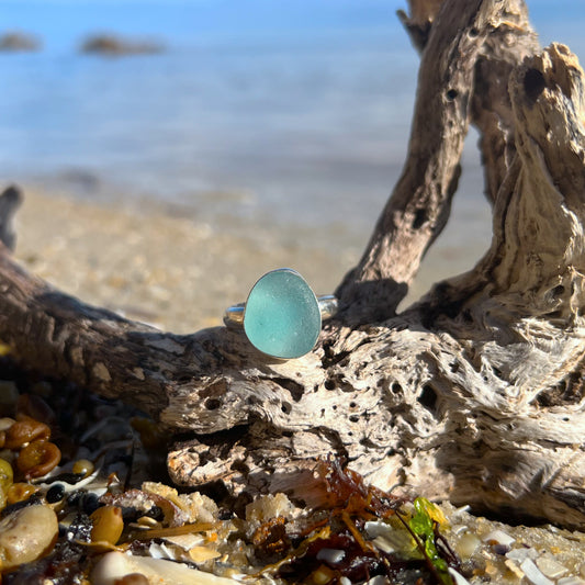 Blue sea glass set in silver ring by Mornington Sea Glass. Size 8