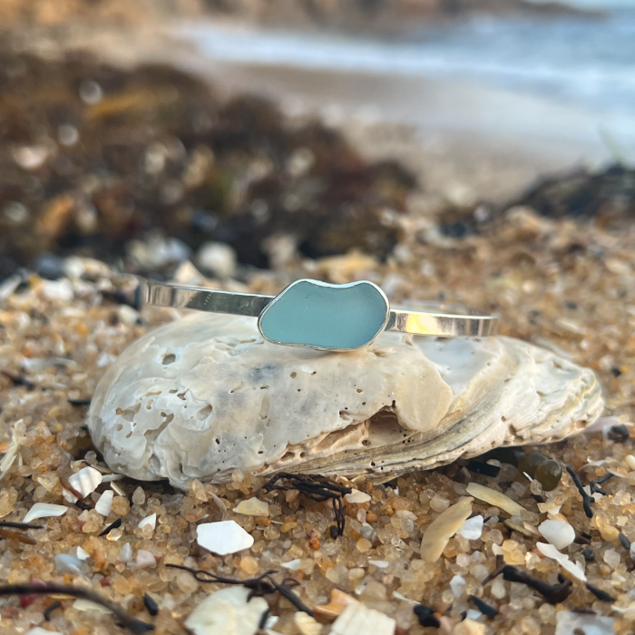 Blue sea glass set in silver cuff by Mornington Sea Glass