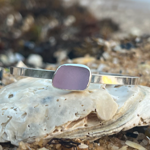 Purple sea glass set in silver cuff by Mornington Sea Glass