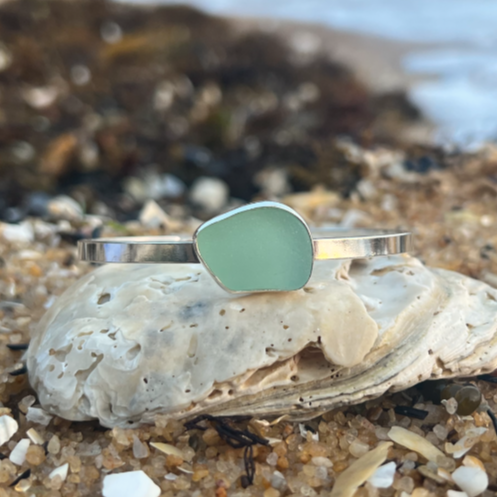 Seafoam sea glass set in silver cuff by Mornington Sea Glass