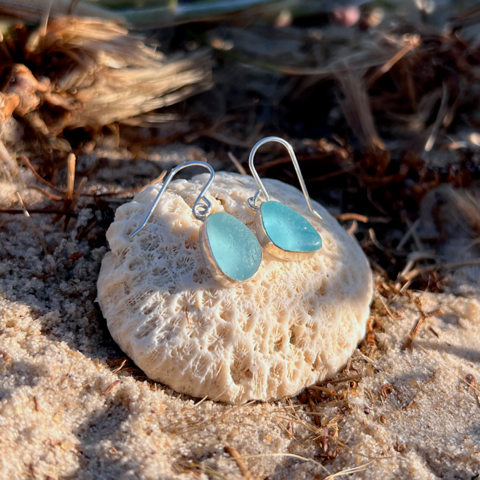Blue sea glass set in Argentium silver earrings by Mornington Sea Glass
