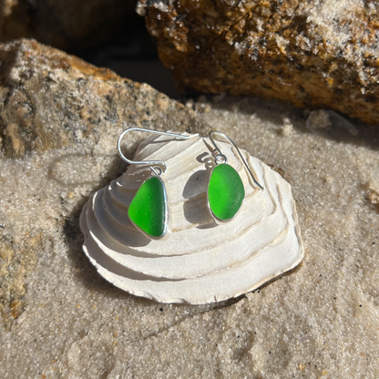 Green sea glass earrings set in silver by Mornington Sea Glass.