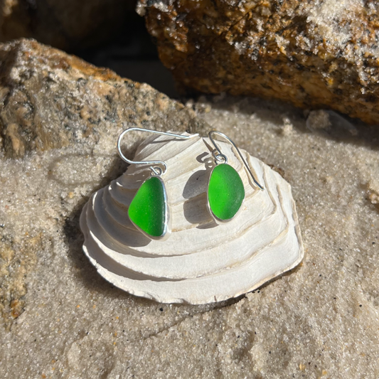 Green sea glass earrings set in silver by Mornington Sea Glass.