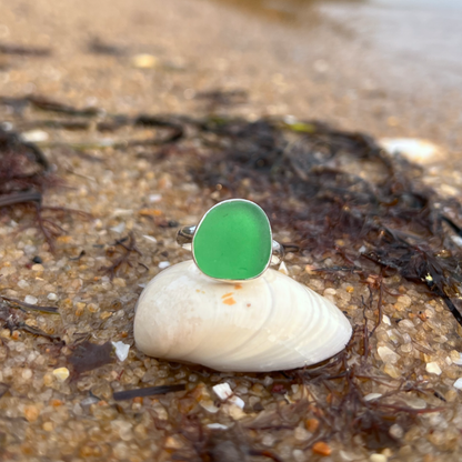 Argentium silver and green sea glass ring in size 6 3/4 by Mornington Sea Glass