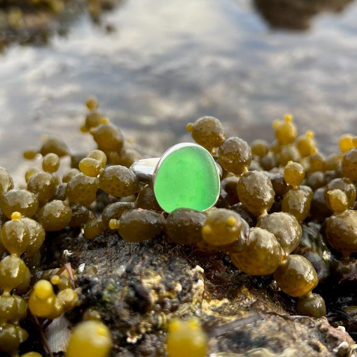 Argentium silver and green sea glass ring in size 6 3/4  by Mornington Sea Glass