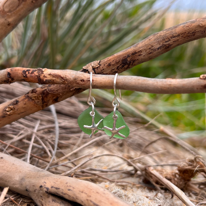 Green sea glass and silver starfish  earrings by Mornington Sea Glass