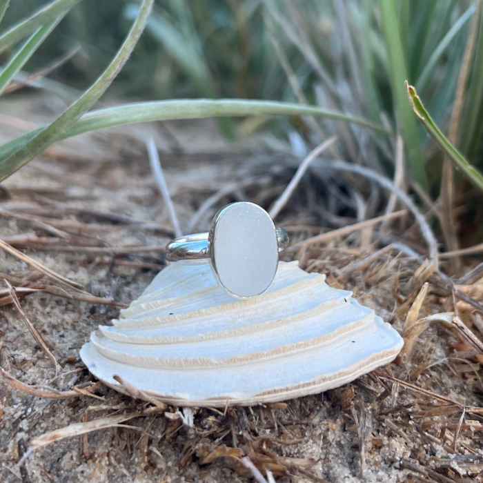 White sea glass set in silver ring  by Mornington Sea Glass. Size 8 1/4