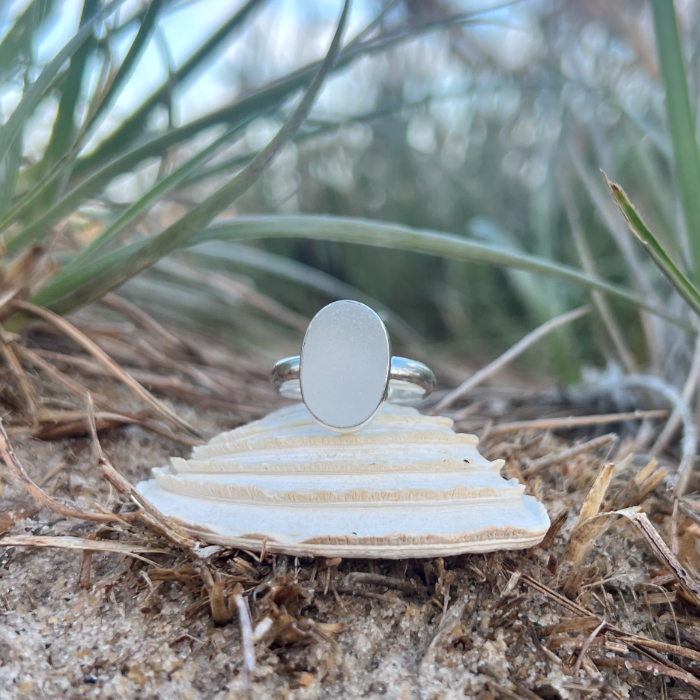 White sea glass set in silver ring  by Mornington Sea Glass. Size 8 1/4.