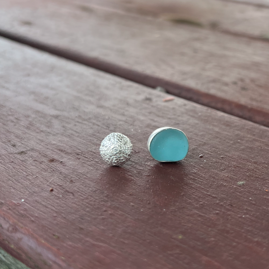 Blue sea glass set in Argentium silver and Sterling silver sea urchin shell cast charm with sterling silver posts and butterfly backs by Mornington Sea Glass