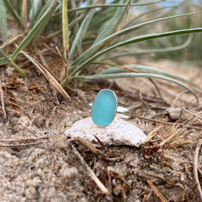 Blue sea glass set in silver ring by Mornington Sea Glass. Size 7 1/4.